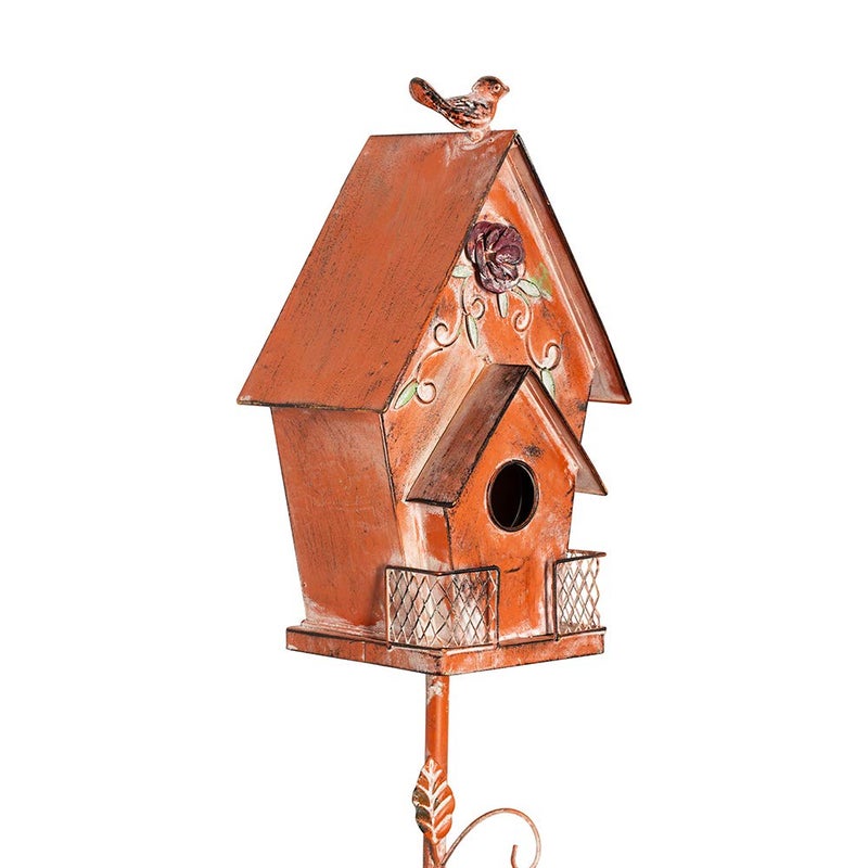 MOCOME Dutch Cottage Bird House Stakes for Outside with Pole, Distressed Metal Birdhouse Stand for Outdoor Garden Decor(58") - Image 2